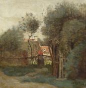 FOLLOWER OF JEAN-BAPTISTE CAMILLE COROT, FIGURE BY A FENCE IN A WOODED LANDSCAPE