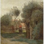 FOLLOWER OF JEAN-BAPTISTE CAMILLE COROT, FIGURE BY A FENCE IN A WOODED LANDSCAPE