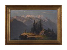 JAKOB JOSEPH ZELGER (SWISS 1812-1885), ALPINE LANDSCAPE WITH SHEPHERD PLAYING AN ALPHORN