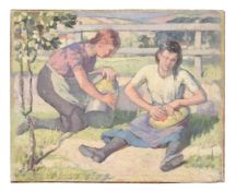 λ HAROLD DEARDEN (BRITISH 1888-1962), TWO FARM GIRLS AT WORK SEATED IN THE ORCHARD