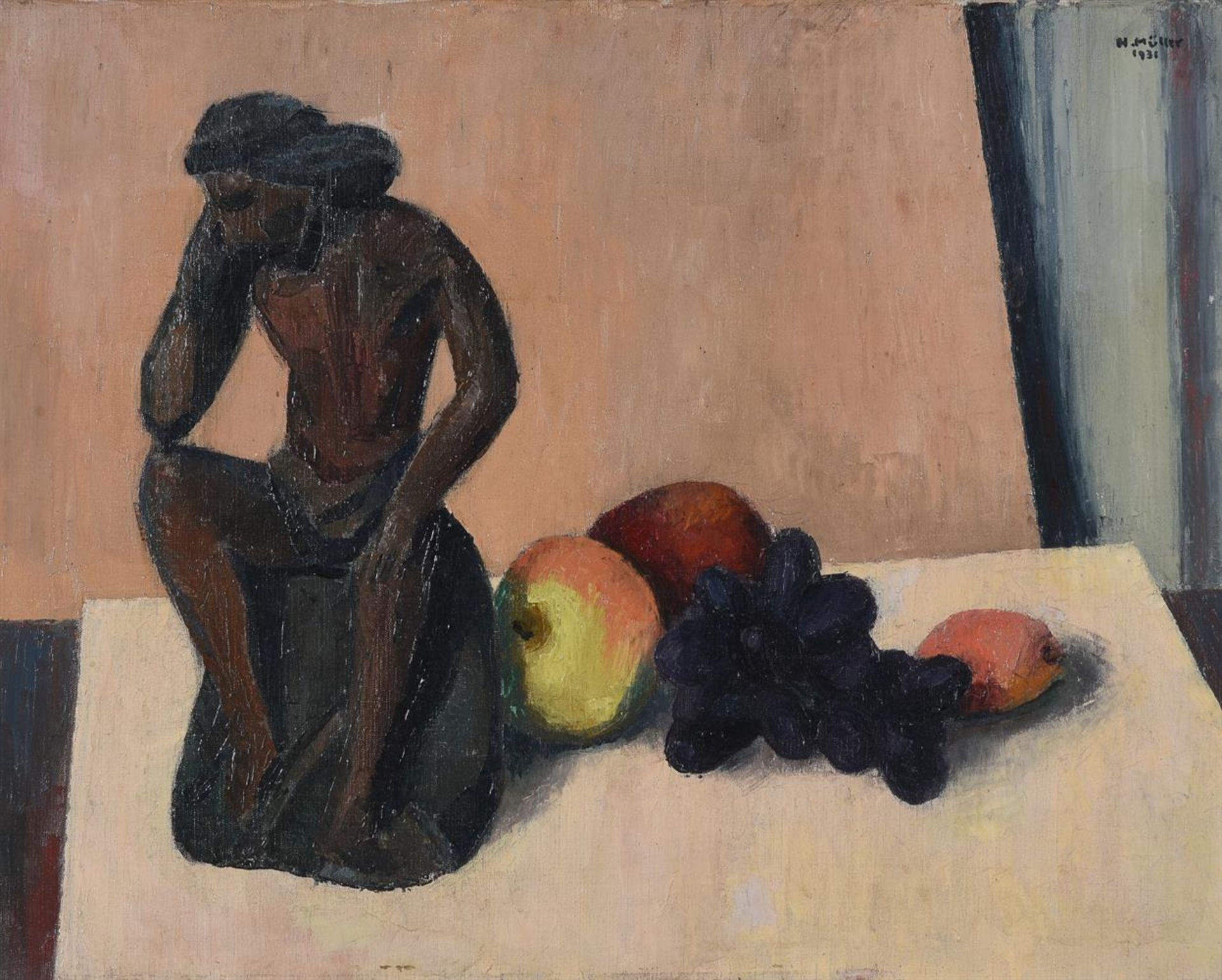 H. MÜLLER (20TH CENTURY), STILL LIFE WITH FRUIT AND A STATUE - Image 2 of 3
