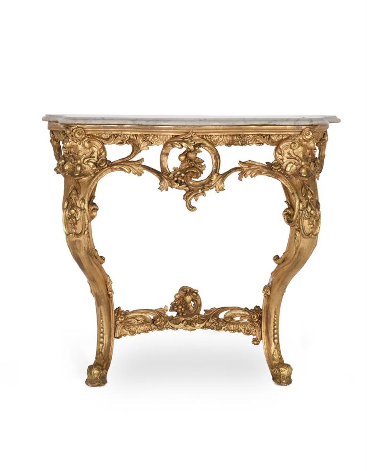 A PAIR OF LOUIS XV STYLE GILTWOOD AND GESSO CONSOLE TABLES, FIRST HALF 19TH CENTURY - Bild 2 aus 13