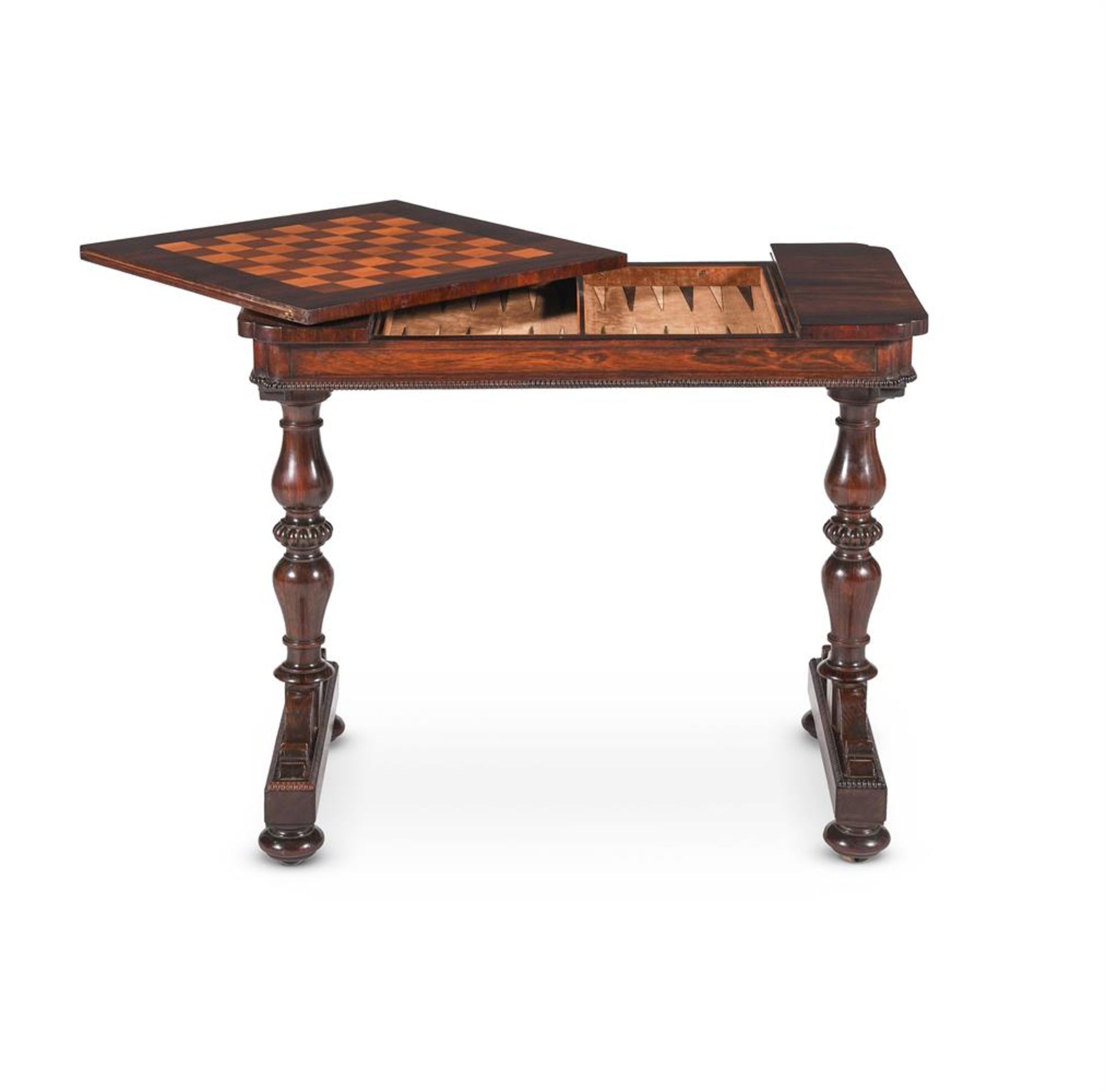 Y A GEORGE IV ROSEWOOD AND SIMULATED ROSEWOOD GAMES TABLE, ATTRIBUTED TO GILLOWS, CIRCA 1825 - Image 2 of 6