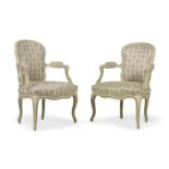 A PAIR OF LOUIS XV PAINTED BEECH OPEN ARMCHAIRS, CIRCA 1760