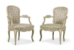 A PAIR OF LOUIS XV PAINTED BEECH OPEN ARMCHAIRS, CIRCA 1760