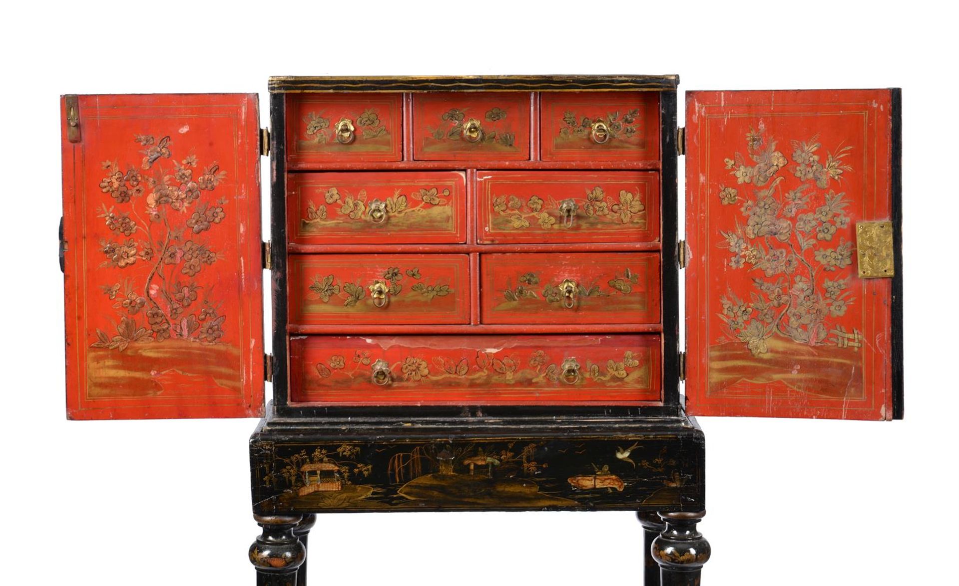 Y A BLACK LACQUER, GILT CHINOISERIE AND MOTHER OF PEARL INLAID CABINET ON STAND - Image 5 of 7