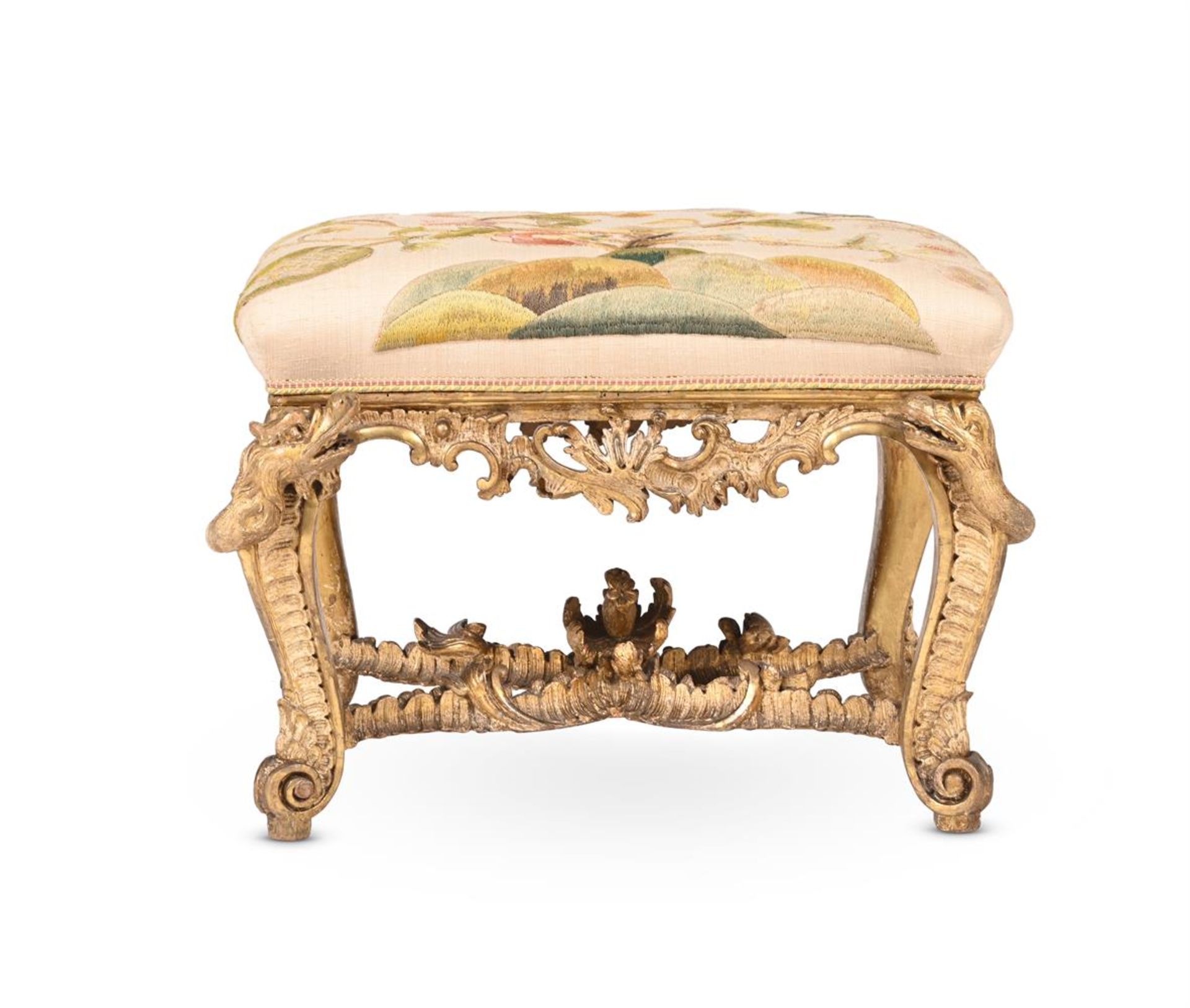 A CARVED GILTWOOD STOOL, PROBABLY GERMAN, IN THE MANNER OF FERDINAND TIETZ, CIRCA 1730 - Image 2 of 8