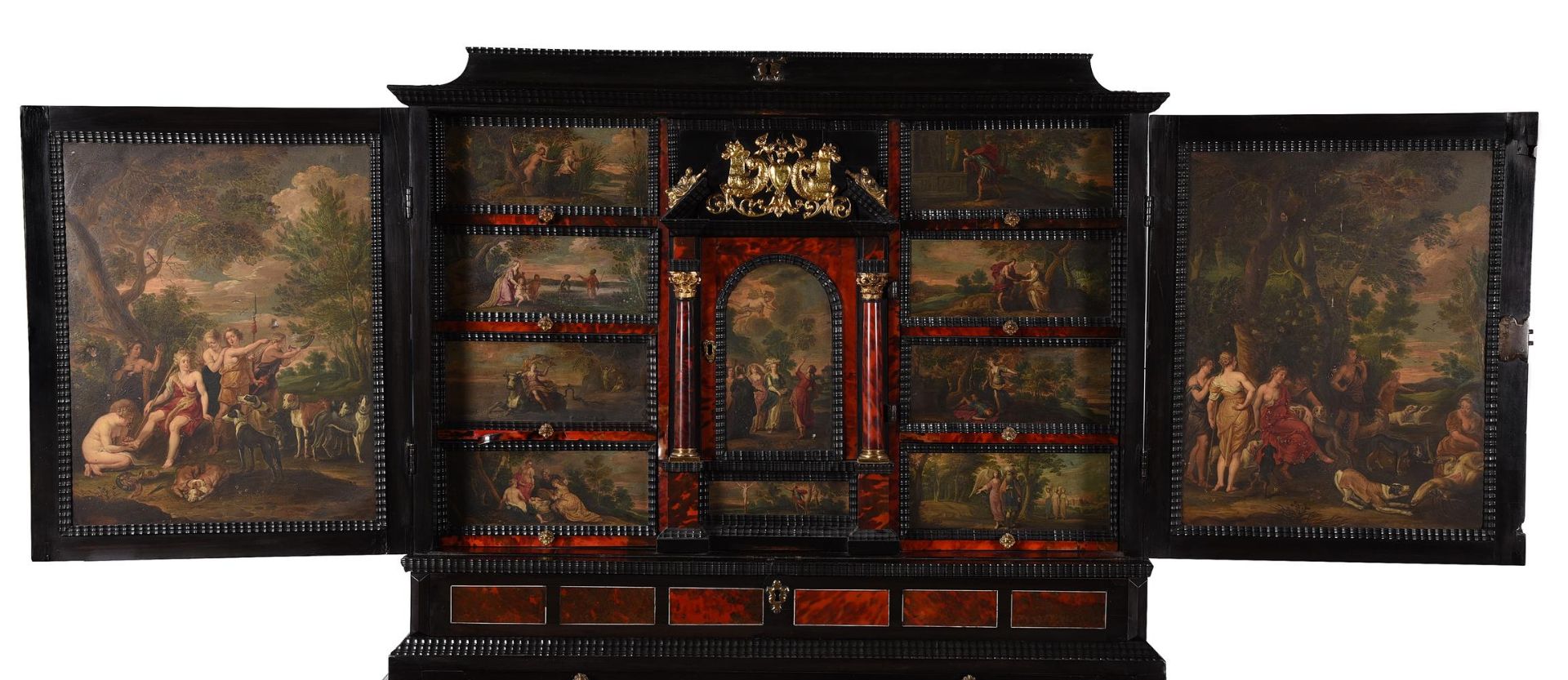 Y A FLEMISH EBONY, TORTOISESHELL AND POLYCHROME PAINTED CABINET ON STAND - Image 12 of 26
