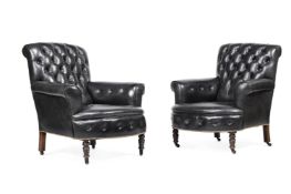 A PAIR OF VICTORIAN BEECH AND BUTTONED LEATHER UPHOLSTERED ARMCHAIRS, CIRCA 1870