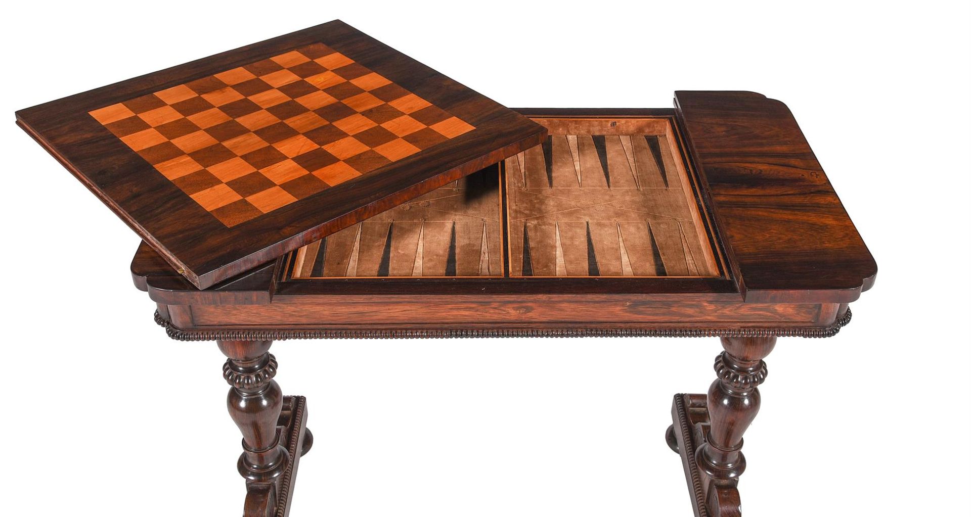 Y A GEORGE IV ROSEWOOD AND SIMULATED ROSEWOOD GAMES TABLE, ATTRIBUTED TO GILLOWS, CIRCA 1825 - Image 5 of 6