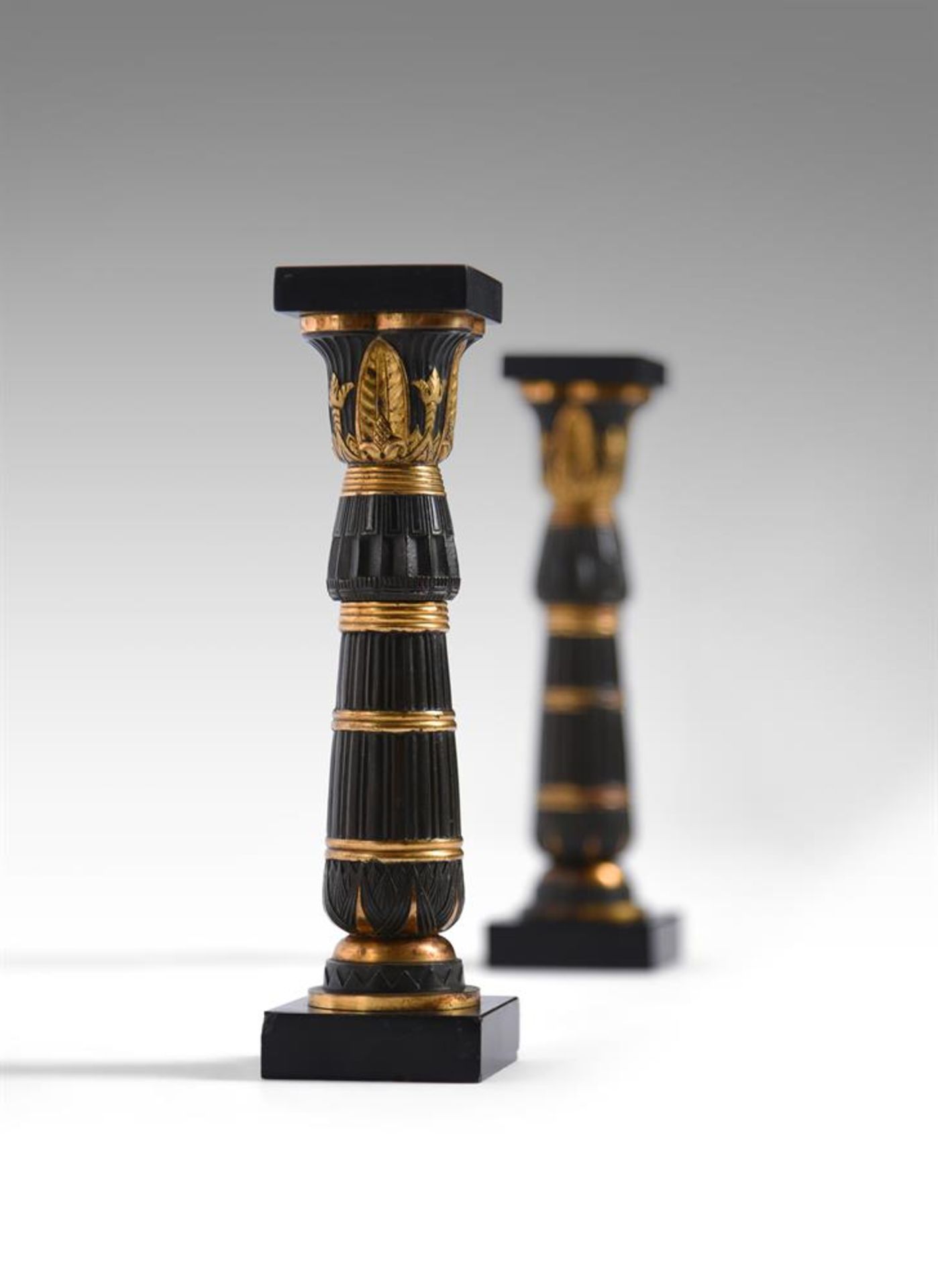 A PAIR OF PATINATED AND GILT BRONZE EGYPTIAN STYLE COLUMNS, PROBABLY FRENCH, EARLY 19TH CENTURY - Image 2 of 3