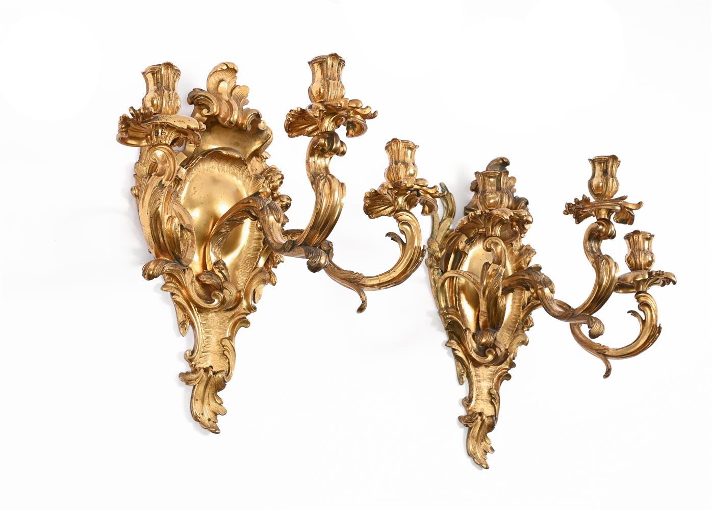 A SET OF FOUR FRENCH GILT BRONZE THREE LIGHT WALL LIGHTS, IN THE MANNER OF DASSON, CIRCA 1860 - Image 2 of 2