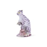 A BOW PORCELAIN MODEL OF A CAT WITH MOUSE, CIRCA 1760