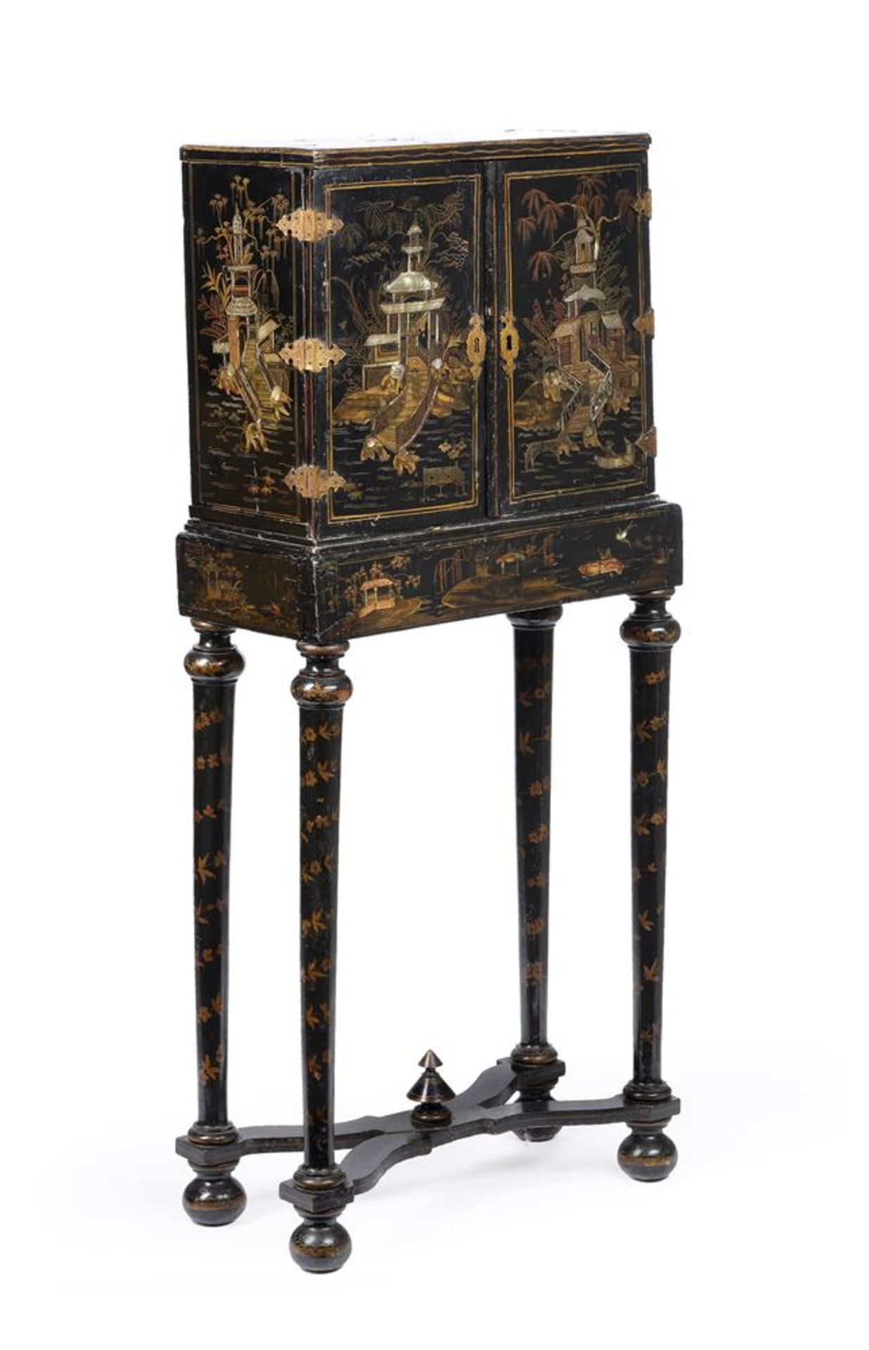 Y A BLACK LACQUER, GILT CHINOISERIE AND MOTHER OF PEARL INLAID CABINET ON STAND - Image 2 of 7