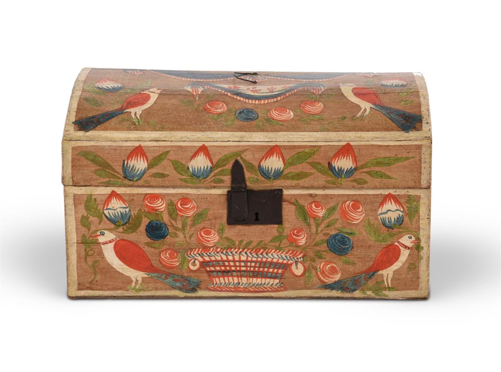 A FRENCH POLYCHROME PAINTED POPLAR MARRIAGE CHEST, LATE 18TH OR EARLY 19TH CENTURY