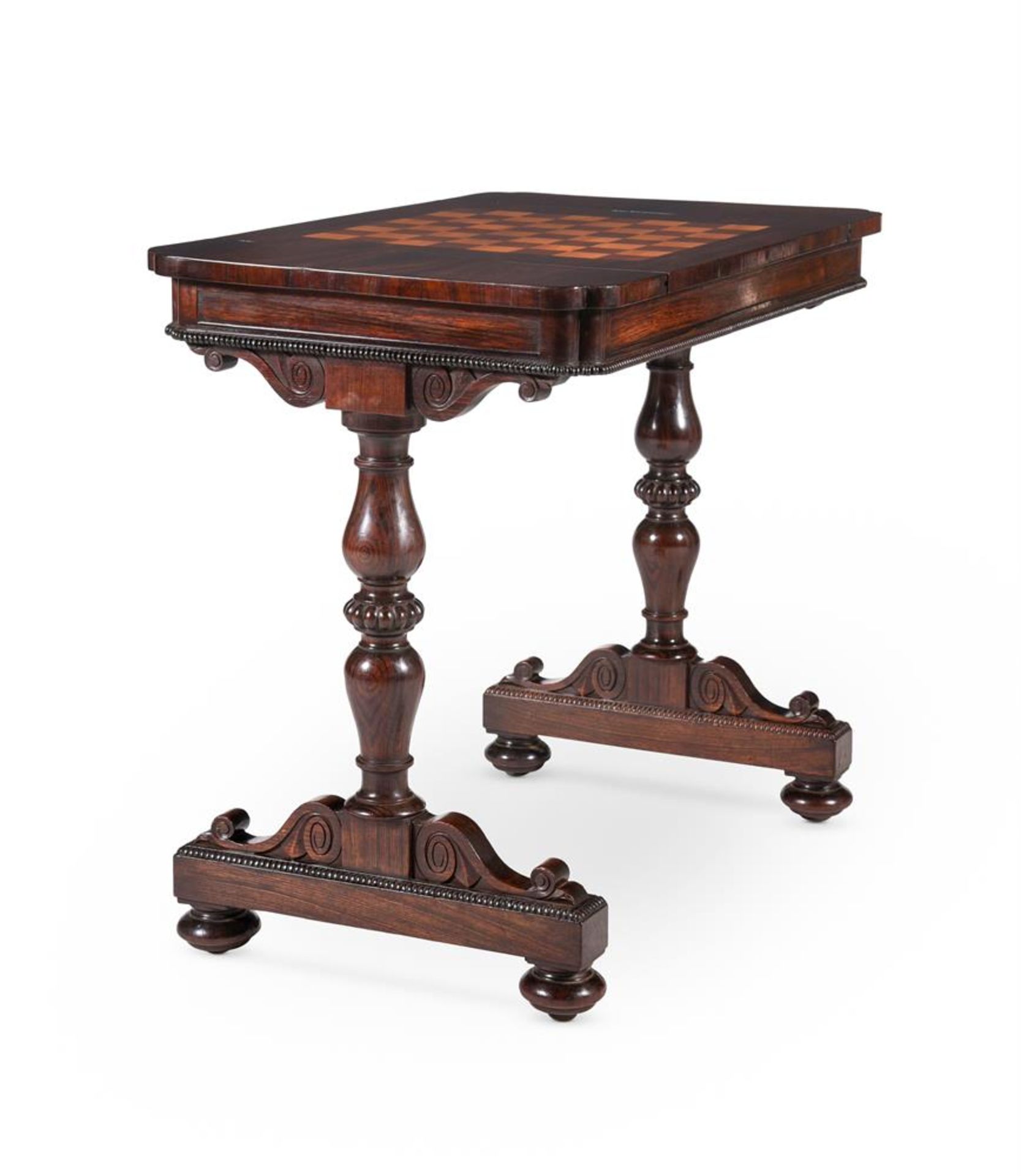 Y A GEORGE IV ROSEWOOD AND SIMULATED ROSEWOOD GAMES TABLE, ATTRIBUTED TO GILLOWS, CIRCA 1825