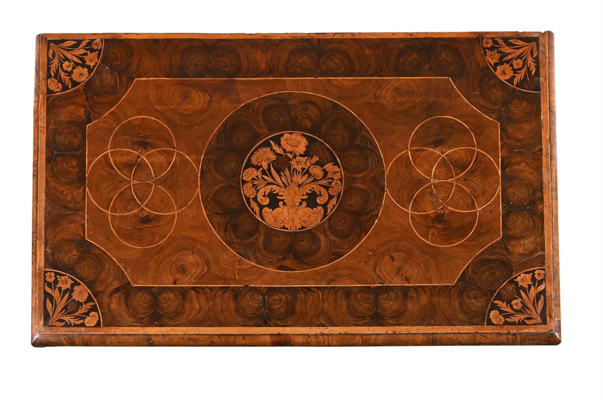 A CHARLES II OLIVEWOOD, WALNUT, FRUITWOOD OYSTER VENEERED AND MARQUETRY CHEST OF DRAWERS, CIRCA 1680 - Image 2 of 5