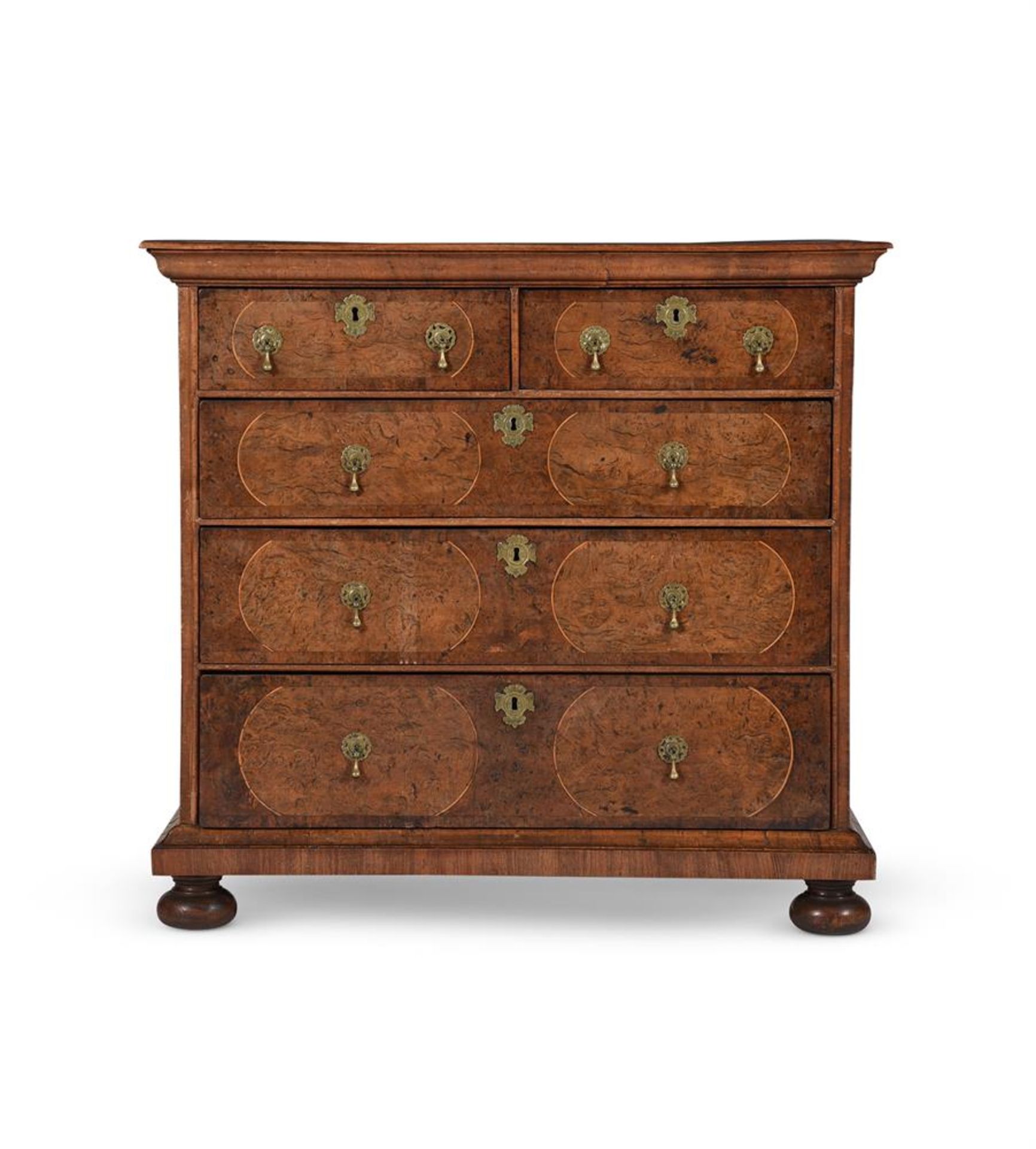 A WALNUT, BURR WALNUT AND BURR YEW CHEST OF DRAWERS, EARLY 18TH CENTURY AND LATER