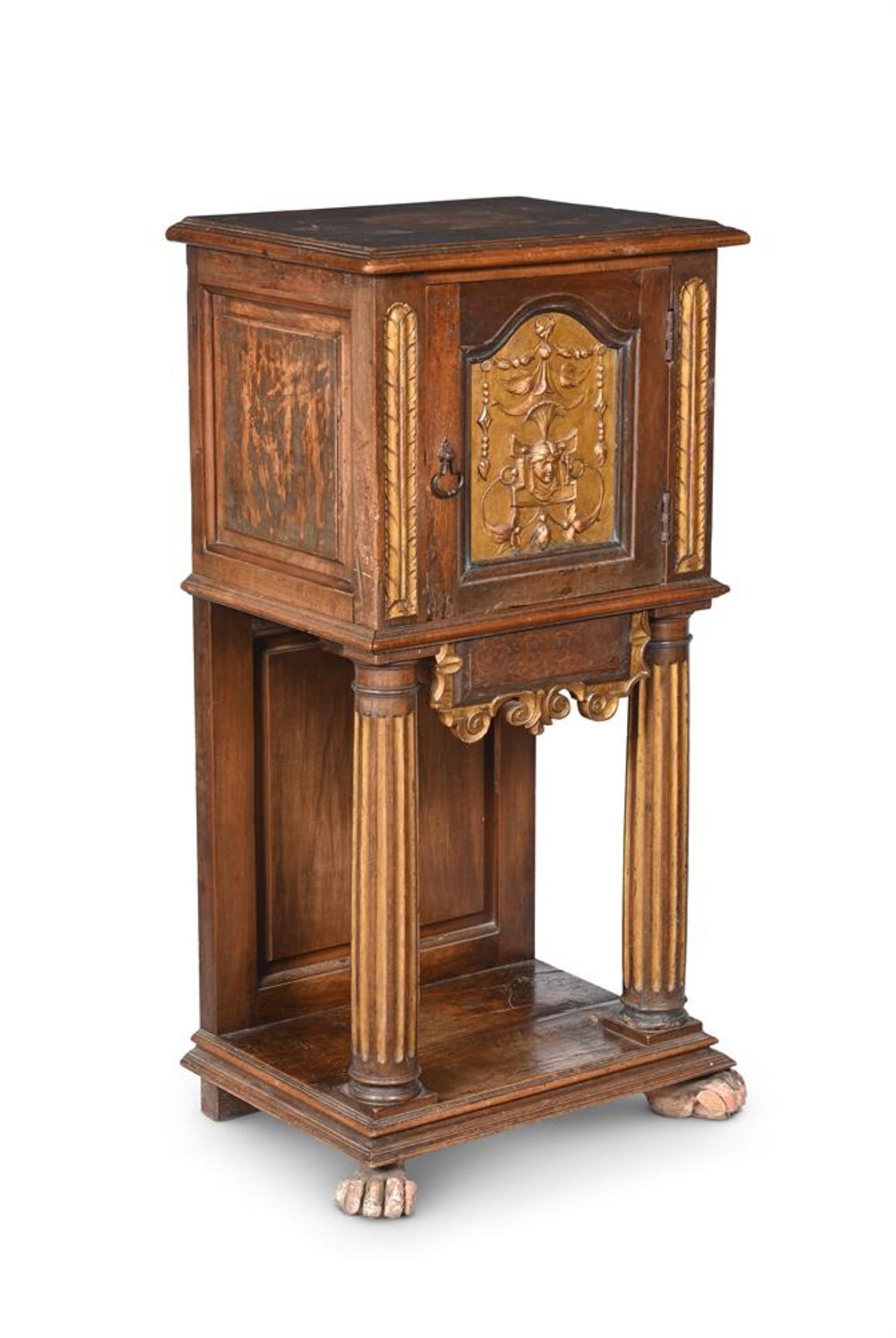 AN ITALIAN WALNUT AND PARCEL GILT PEDESTAL CUPBOARD, LATE 17TH OR EARLY 18TH CENTURY AND LATER