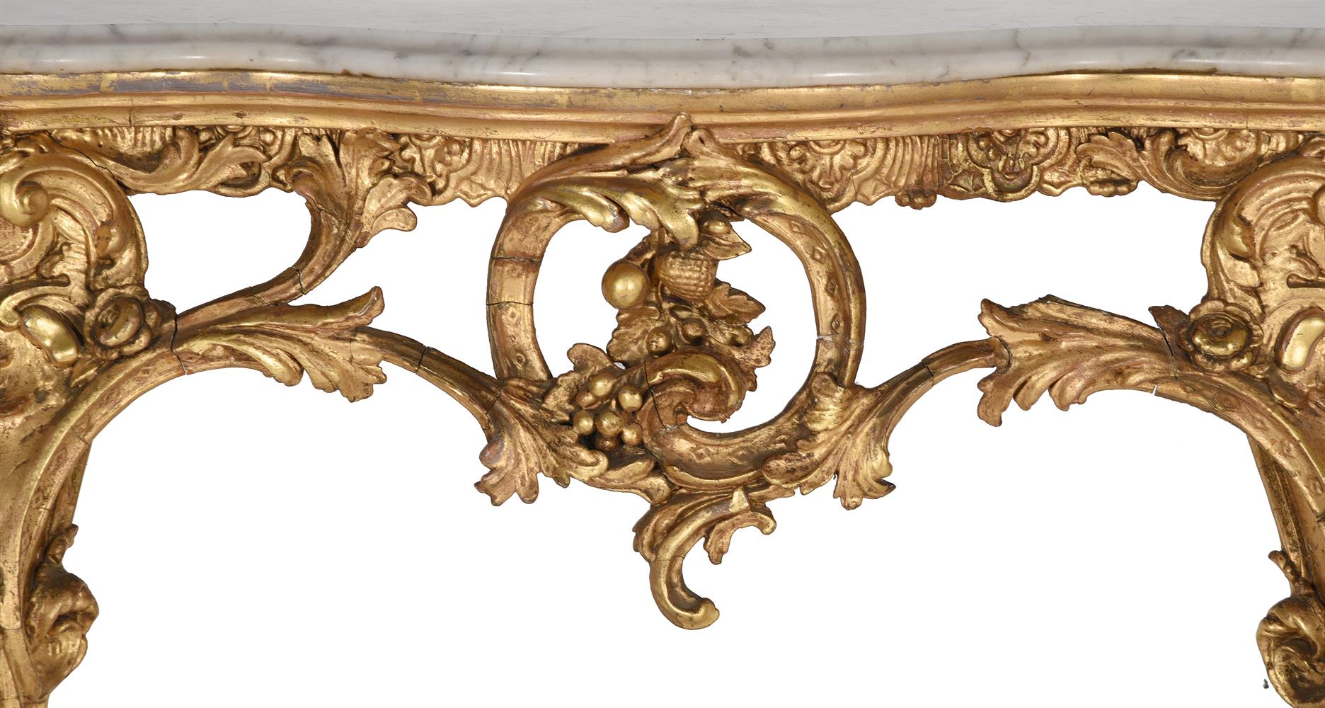 A PAIR OF LOUIS XV STYLE GILTWOOD AND GESSO CONSOLE TABLES, FIRST HALF 19TH CENTURY - Image 4 of 13