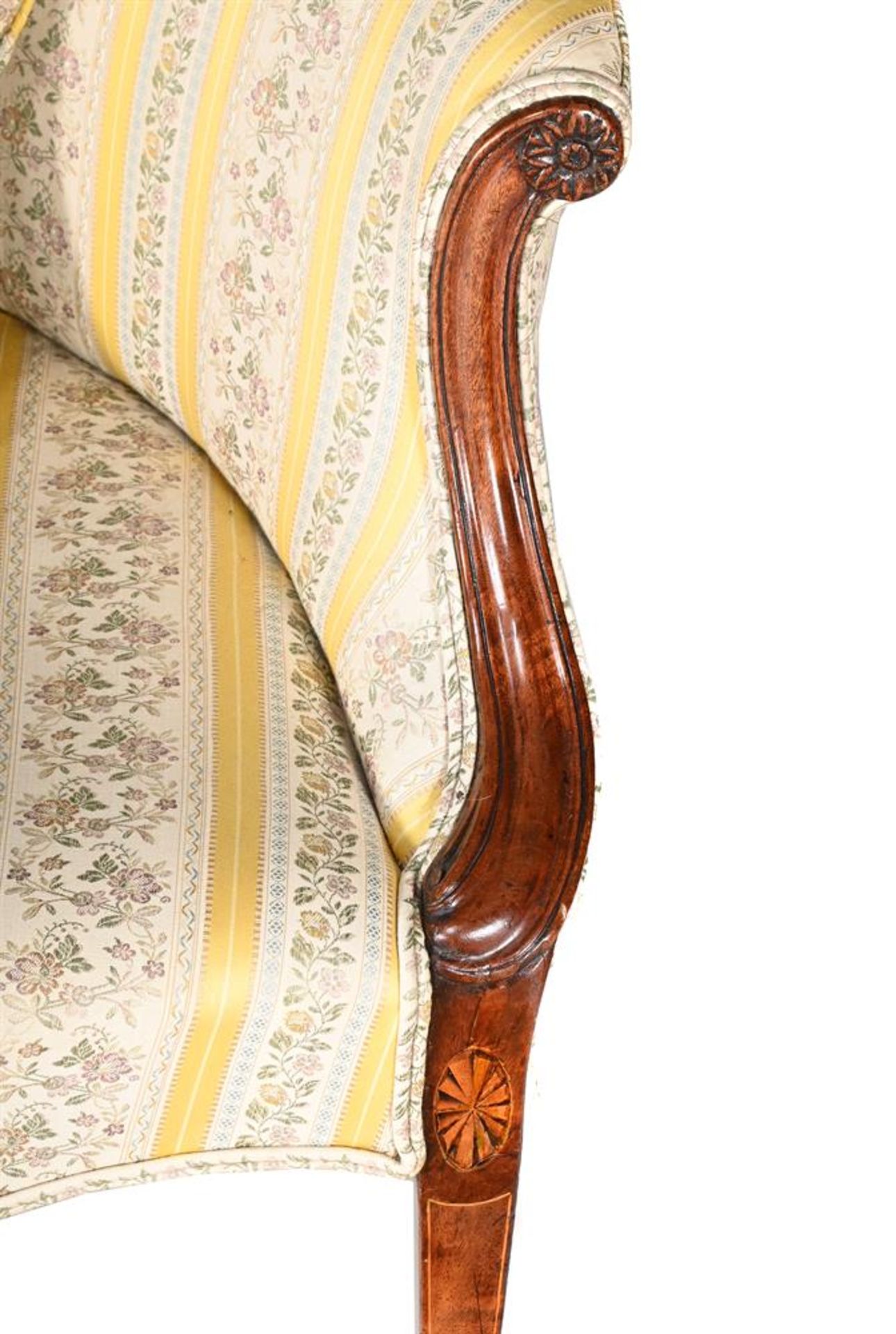 A GEORGE III MAHOGANY AND UPHOLSTERED SERPENTINE SHAPED SOFAIN THE MANNER OF GEORGE HEPPLEWHITE - Image 3 of 3