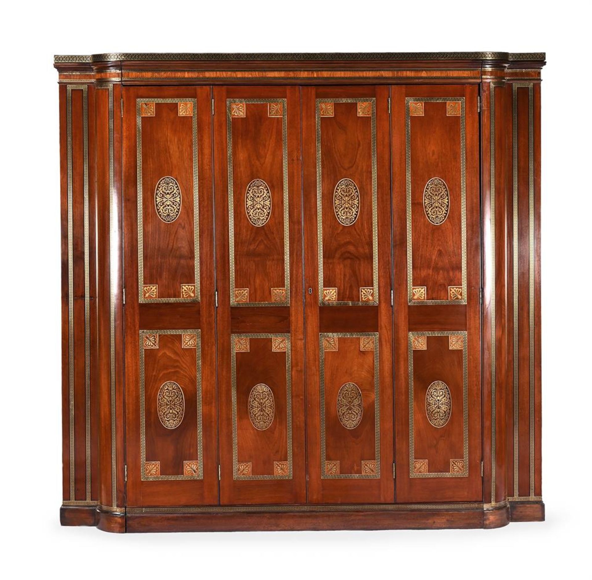 Y A REGENCY MAHOGANY, ROSEWOOD AND BRASS MARQUETRY ESTATE CABINET, CIRCA 1820