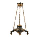 A FRENCH PATINATED AND GILT BRONZE THREE LIGHT CHANDELIER, 19TH OR EARLY 20TH CENTURY