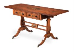 Y A SATINWOOD AND POLYCHROME PAINTED SOFA TABLE, IN GEORGE III STYLE, LATE 19TH OR EARLY 20TH CENTUR