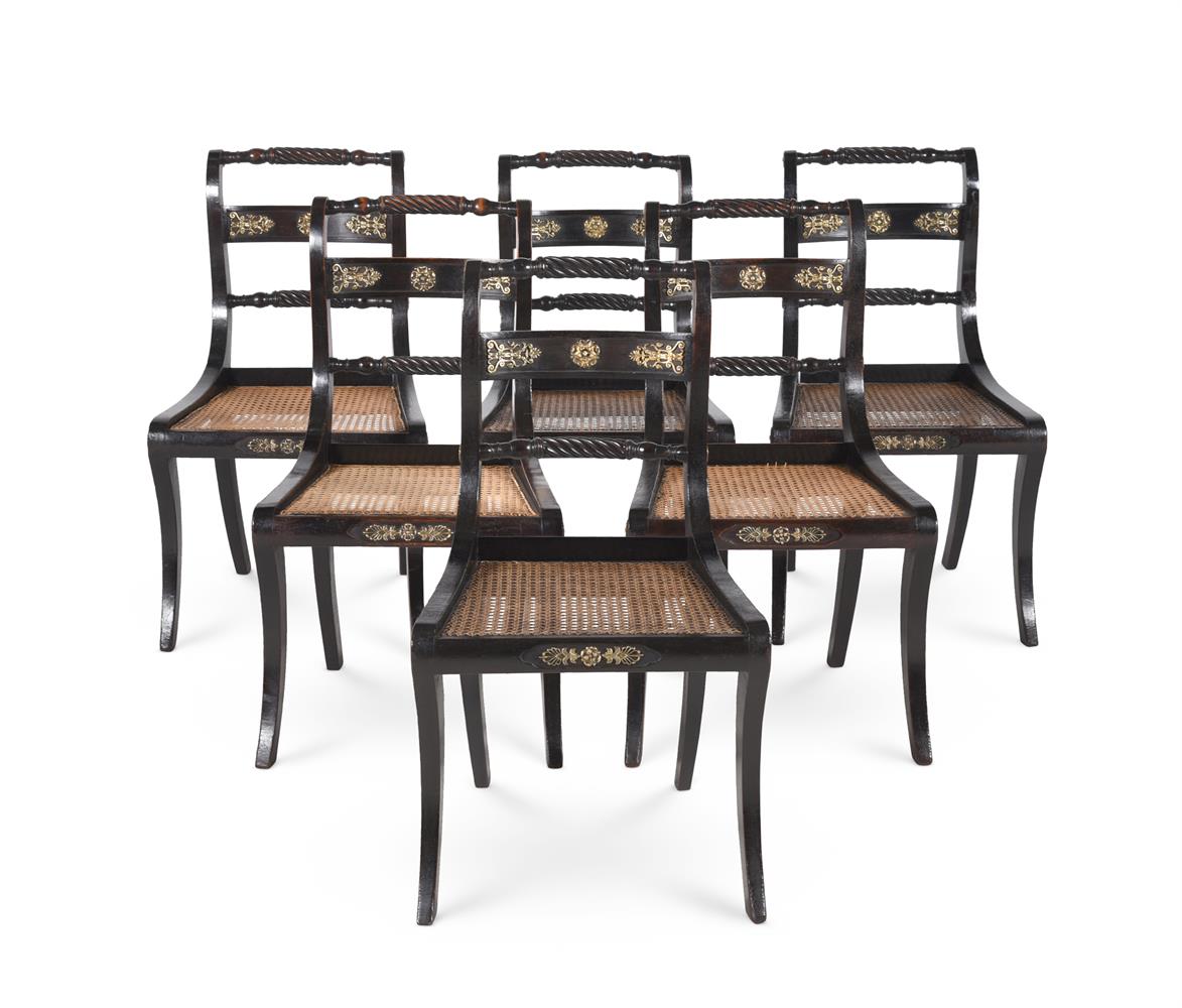 A SET OF TWELVE REGENCY EBONISED BEECH AND GILT METAL MOUNTED DINING CHAIRS, CIRCA 1810 - Image 2 of 6
