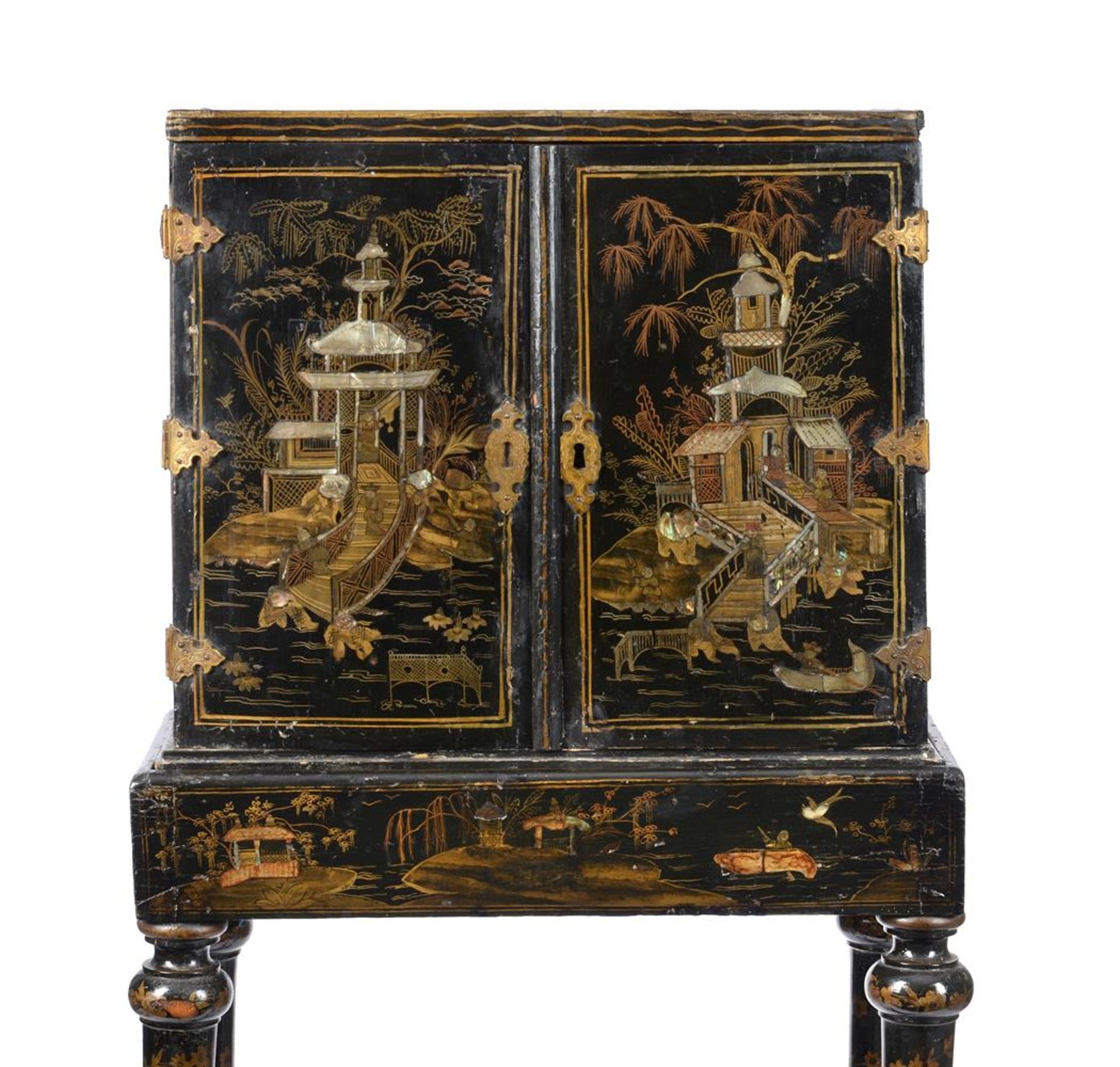 Y A BLACK LACQUER, GILT CHINOISERIE AND MOTHER OF PEARL INLAID CABINET ON STAND - Image 3 of 7