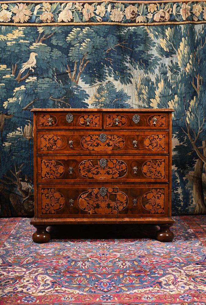 A CHARLES II OLIVEWOOD, WALNUT, FRUITWOOD OYSTER VENEERED AND MARQUETRY CHEST OF DRAWERS, CIRCA 1680