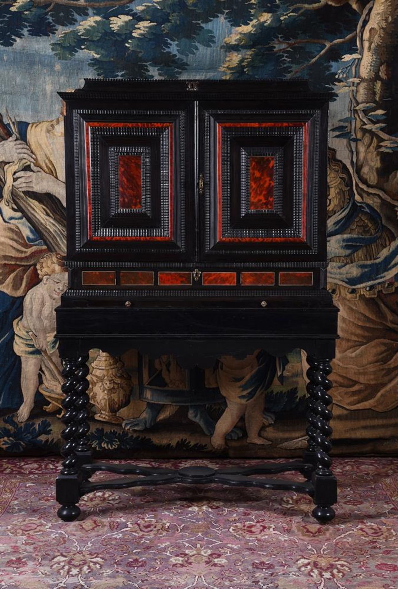 Y A FLEMISH EBONY, TORTOISESHELL AND POLYCHROME PAINTED CABINET ON STAND - Image 2 of 26