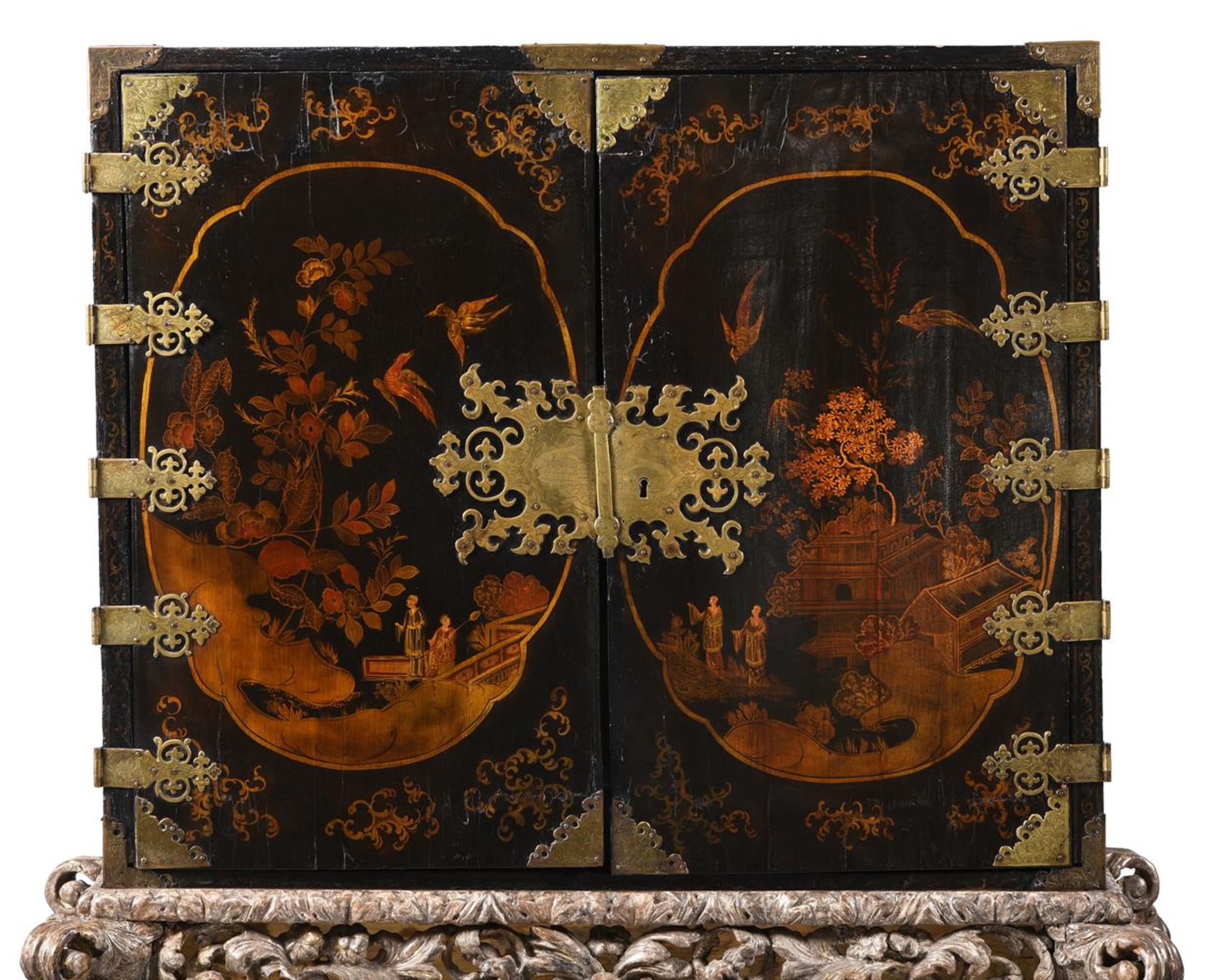 A BLACK LACQUER AND DECORATED CABINET ON SILVERED STAND - Image 2 of 7