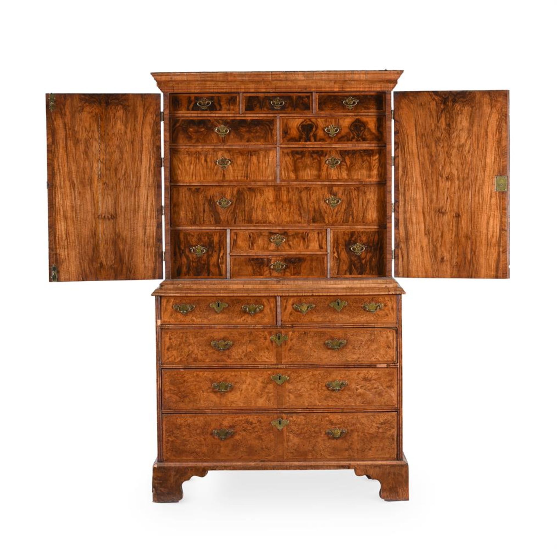 A GEORGE II FIGURED WALNUT CABINET ON CHEST, CIRCA 1720 - Image 2 of 5