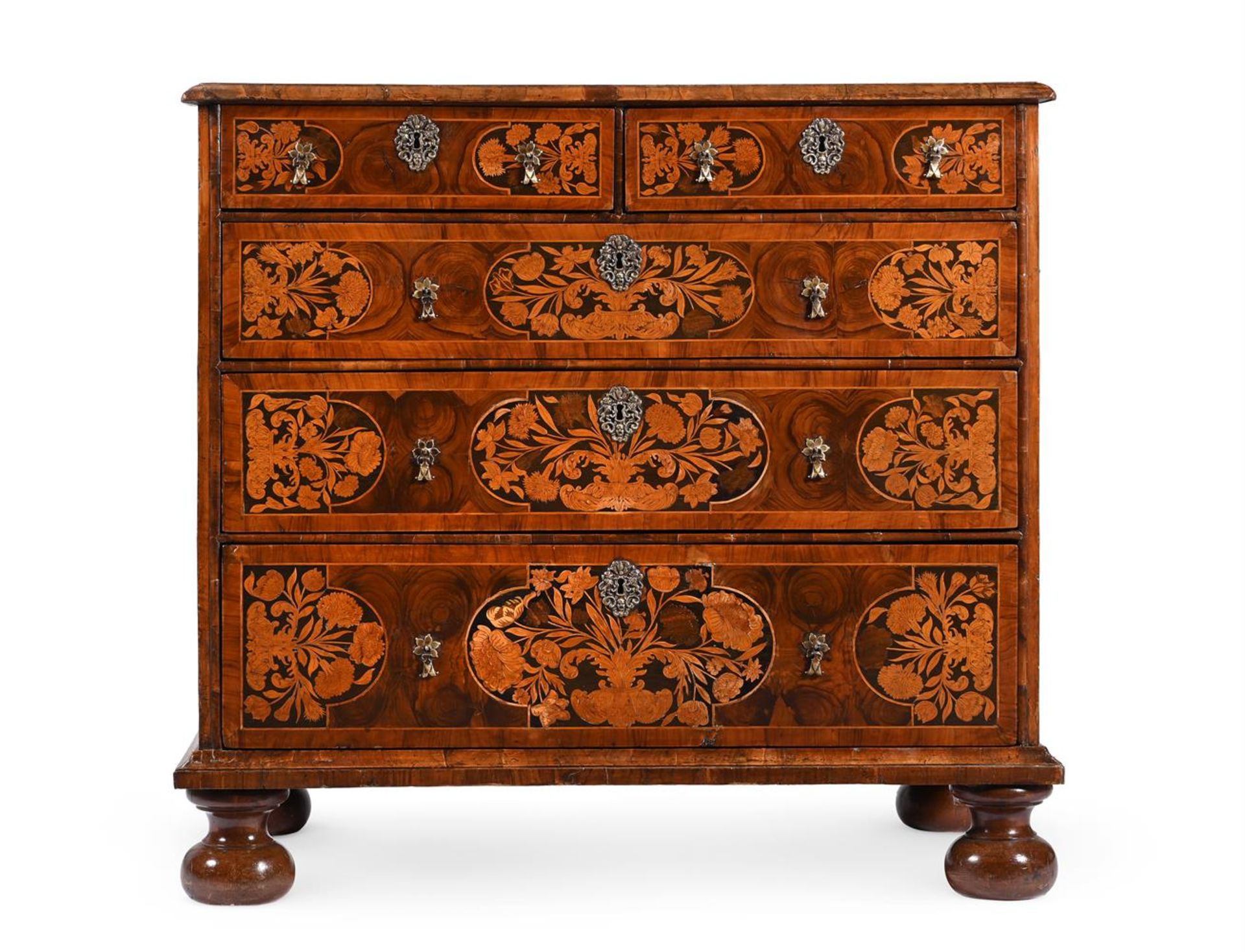 A CHARLES II OLIVEWOOD, WALNUT, FRUITWOOD OYSTER VENEERED AND MARQUETRY CHEST OF DRAWERS, CIRCA 1680 - Image 3 of 5