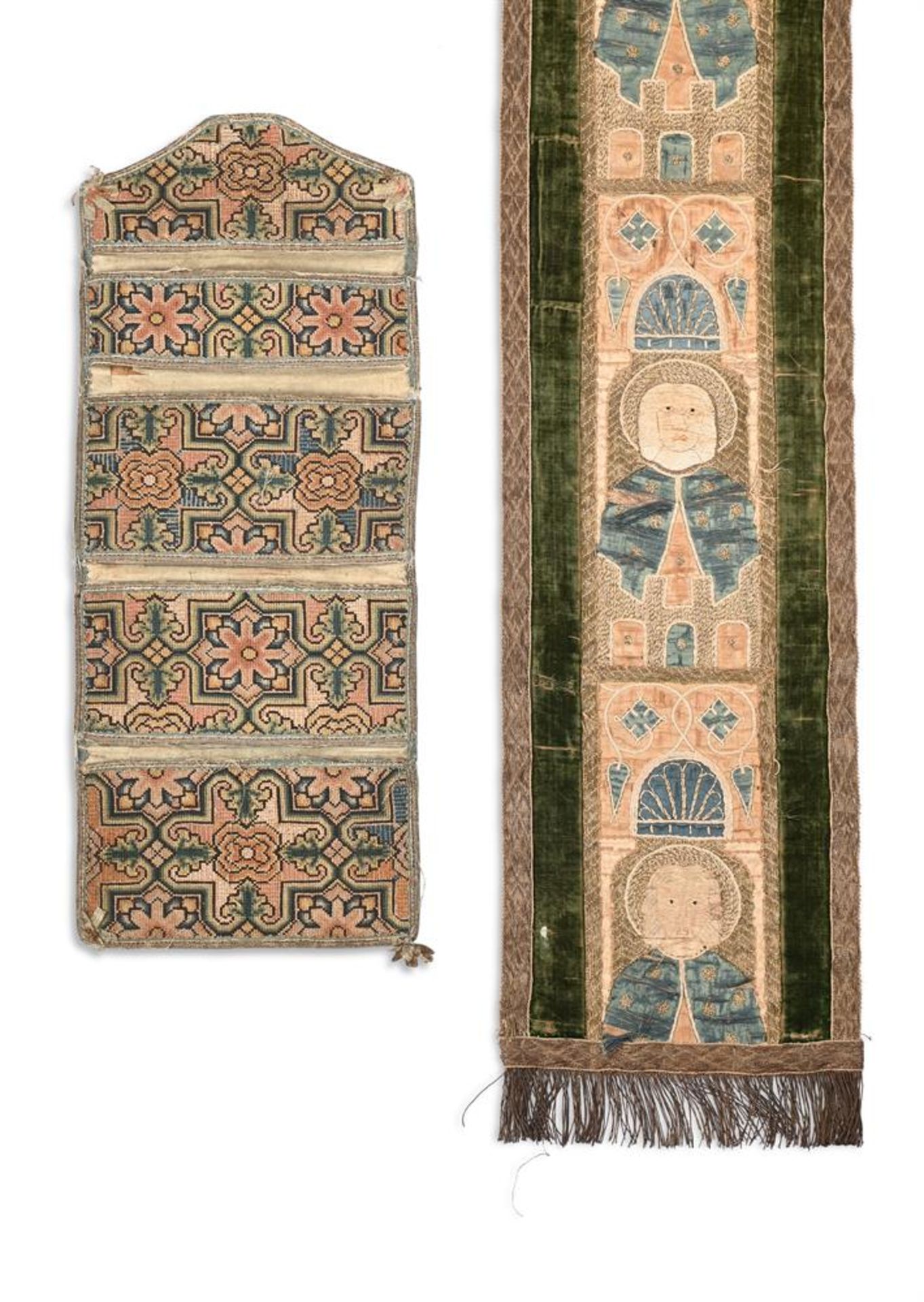 A NEEDLEWORK TABLE RUNNER, 17TH CENTURY AND A NEEDLEWORK POCKET WALL HANGING