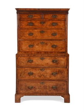 A FINE GEORGE II BURR WALNUT SECRETAIRE CHEST ON CHESTIN THE MANNER OF GILES GRENDEY