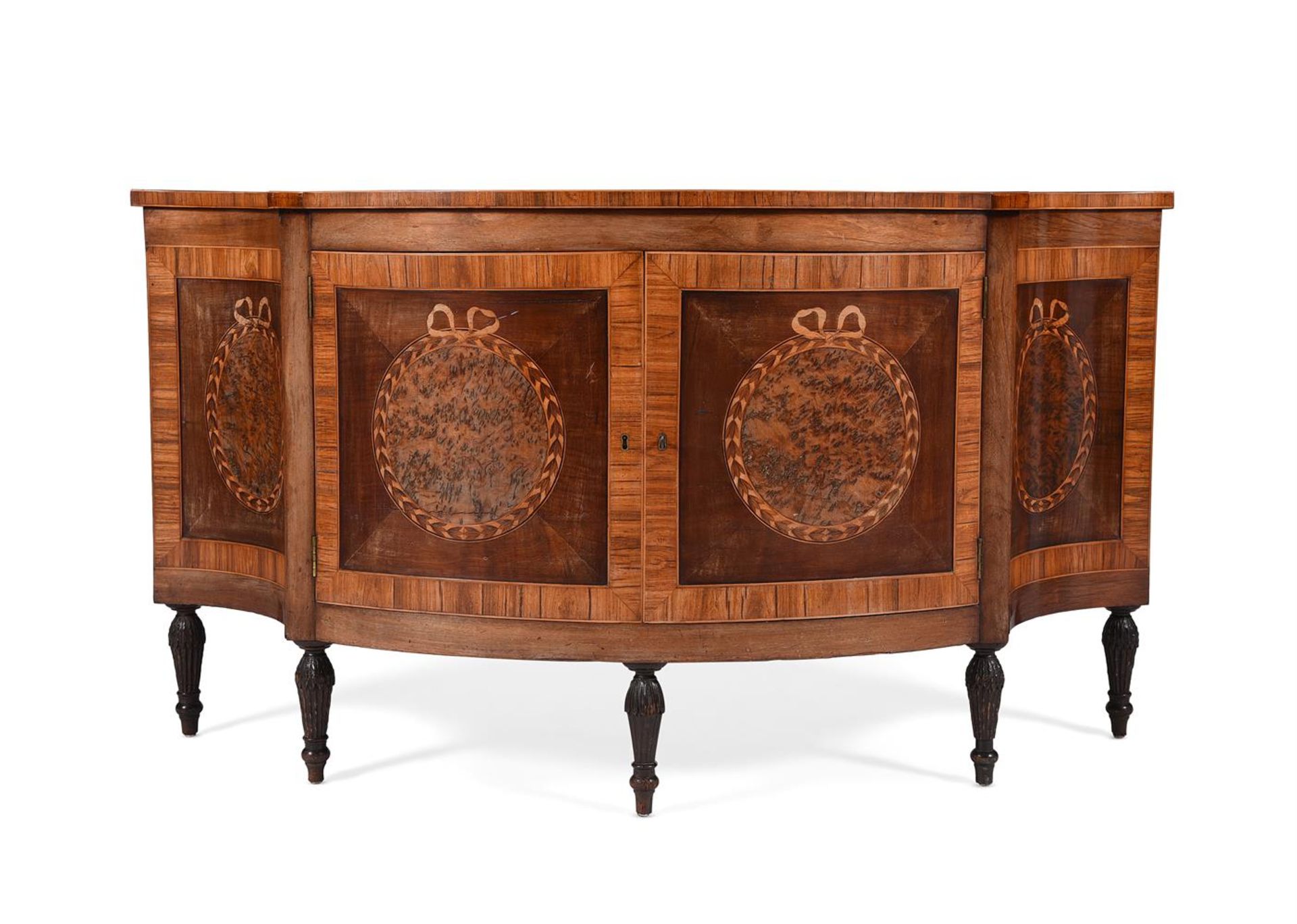 Y A GEORGE III FIDDLEBACK MAHOGANY, BURR YEW, KINGWOOD AND SATINWOOD MARQUETRY COMMODE OR SIDE CABIN