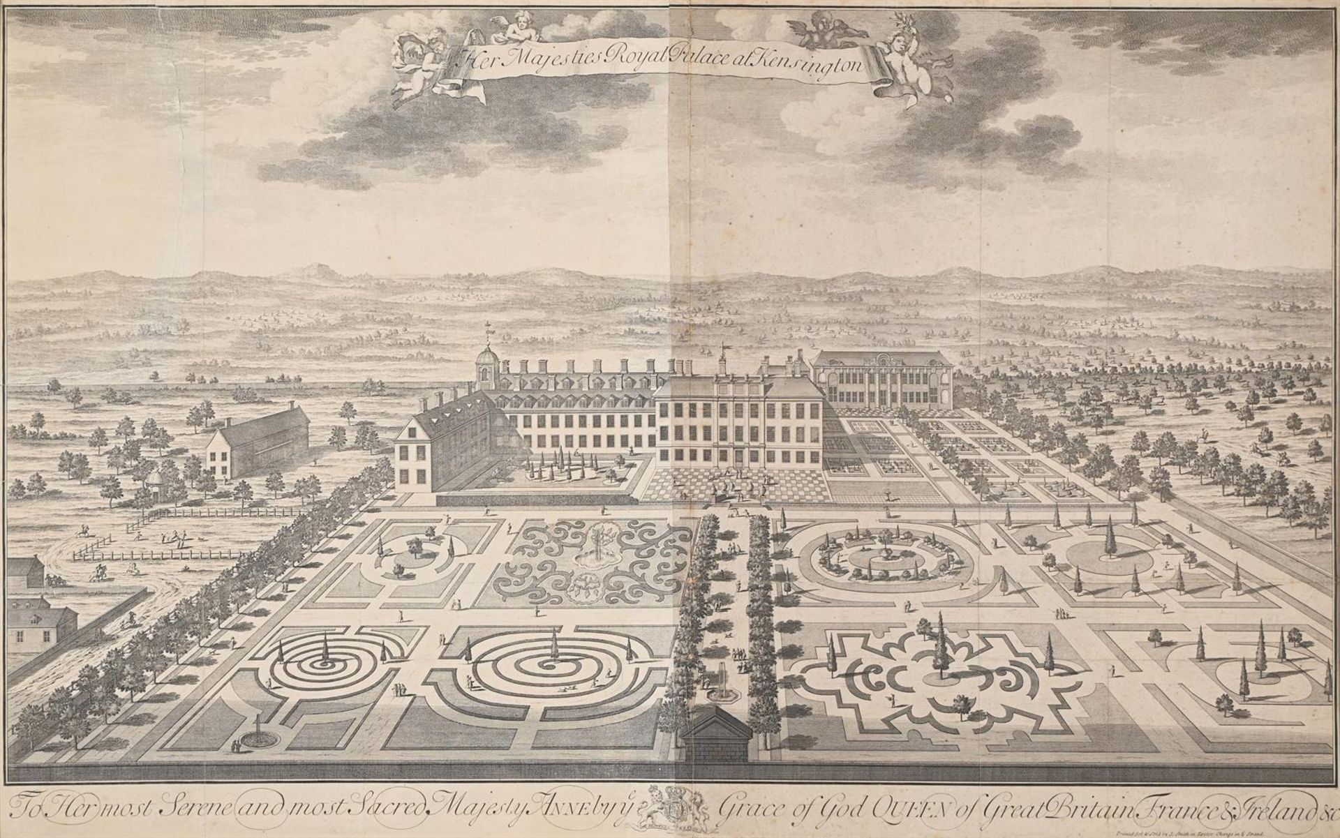 EARLY 18TH CENTURY ENGLISH SCHOOL, 'HER MAJESTIES ROYAL PALACE AT KENSINGTON' - Image 2 of 2