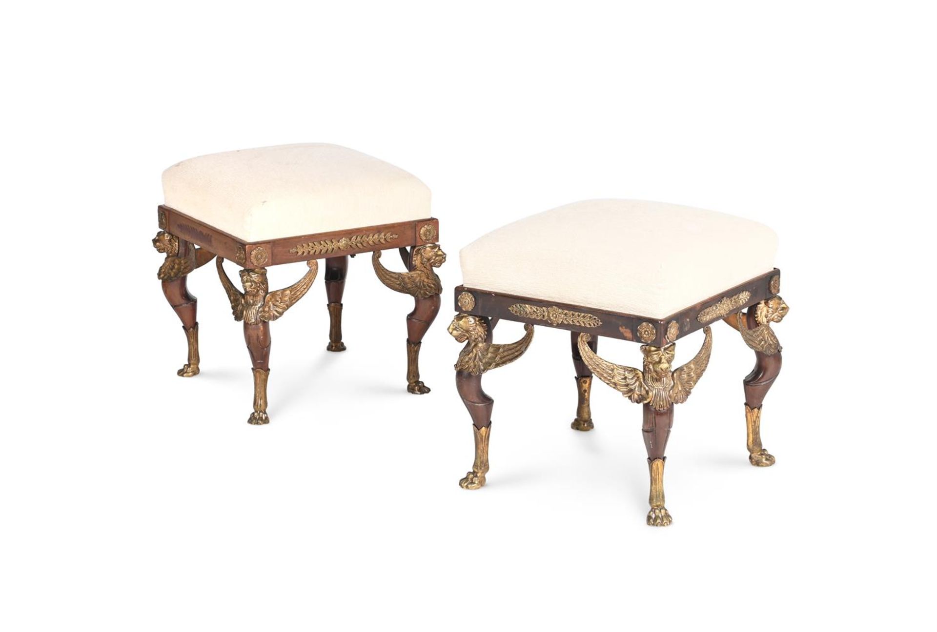 A MATCHED PAIR OF FRENCH MAHOGANY AND GILT METAL MOUNTED STOOLS, LATE 19TH OR EARLY 20TH CENTURY - Image 2 of 2