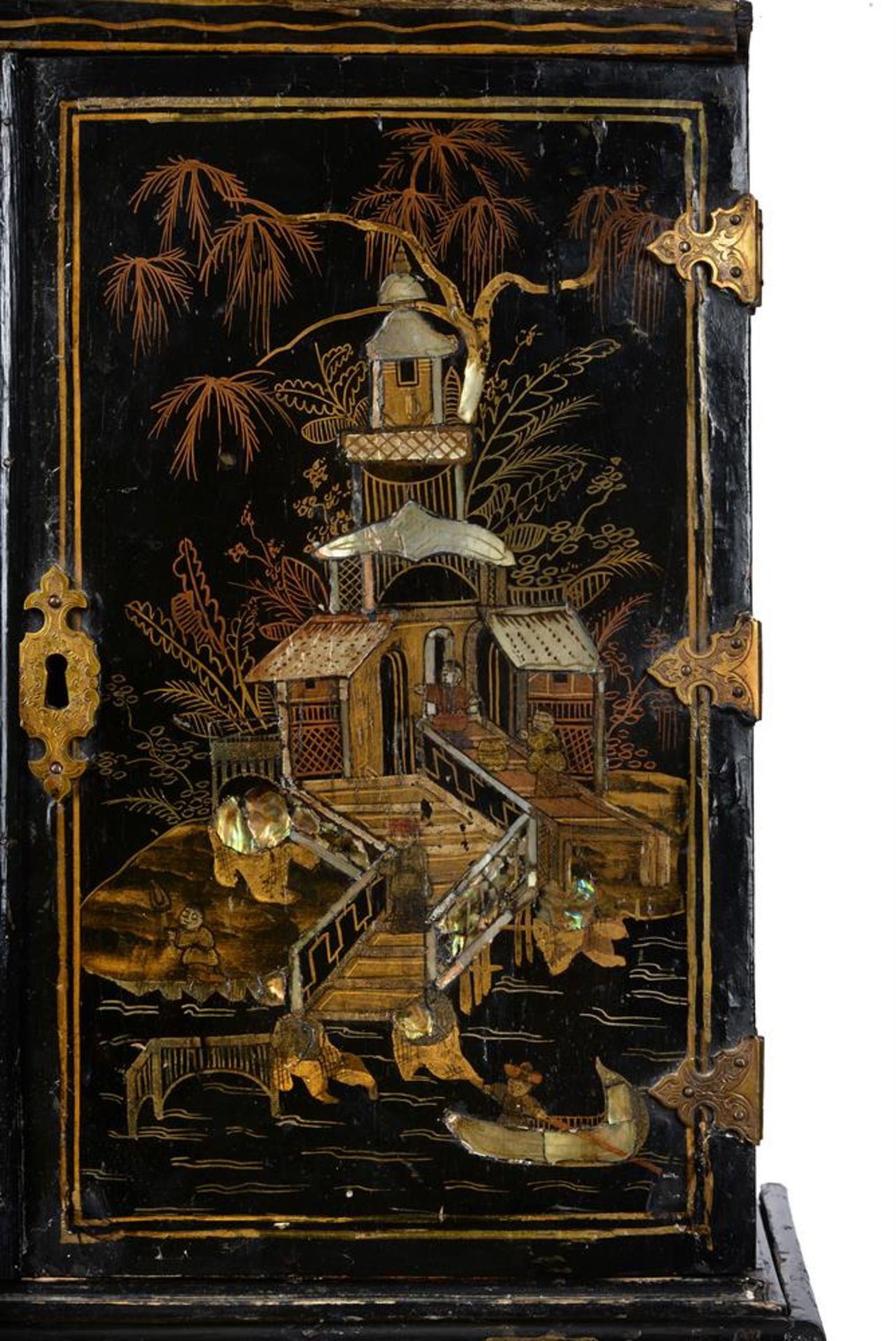 Y A BLACK LACQUER, GILT CHINOISERIE AND MOTHER OF PEARL INLAID CABINET ON STAND - Image 7 of 7