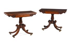 Y A PAIR OF GEORGE IV ROSEWOOD AND MARQUETRY FOLDING CARD TABLES, BY THOMAS & GEORGE SEDDON