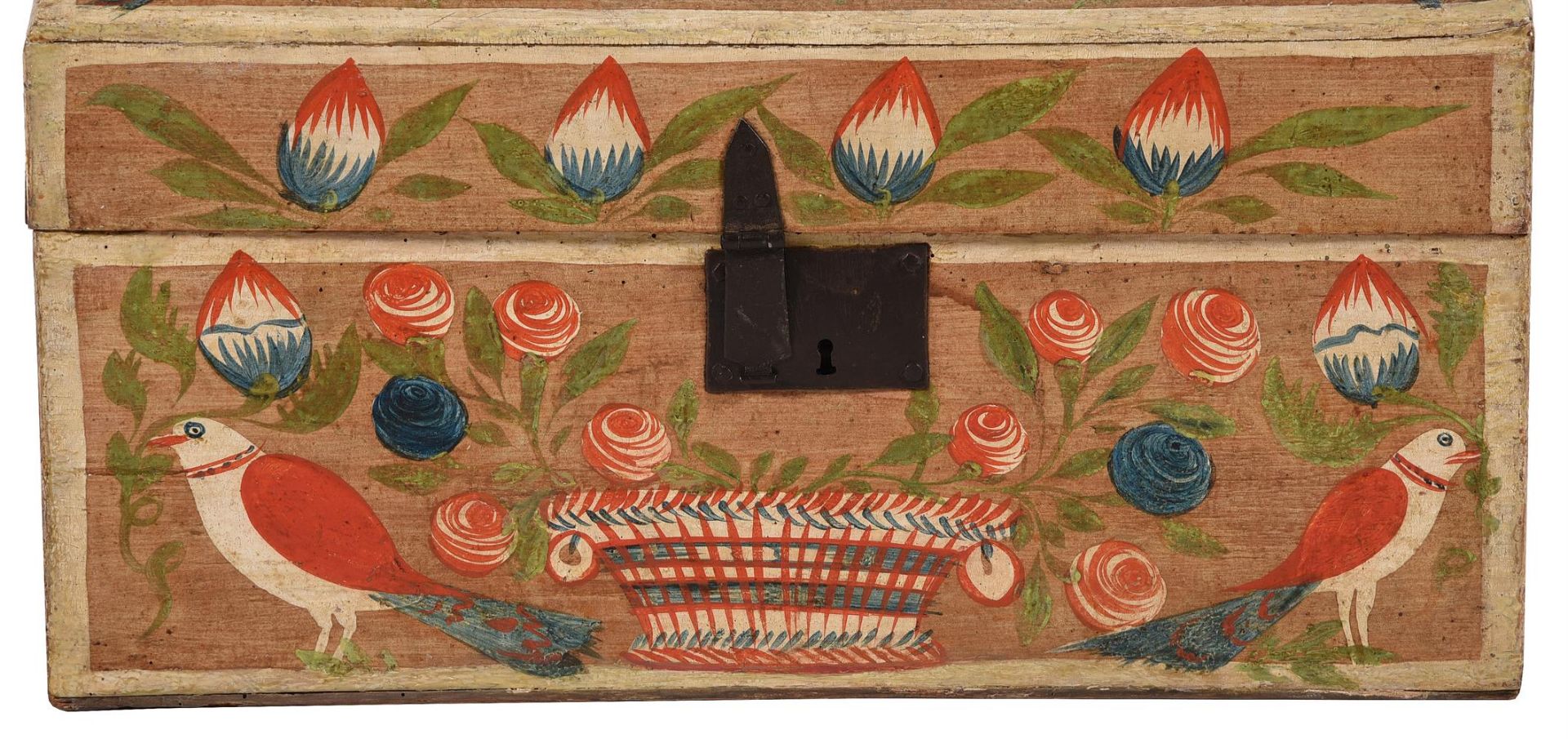 A FRENCH POLYCHROME PAINTED POPLAR MARRIAGE CHEST, LATE 18TH OR EARLY 19TH CENTURY - Image 3 of 4