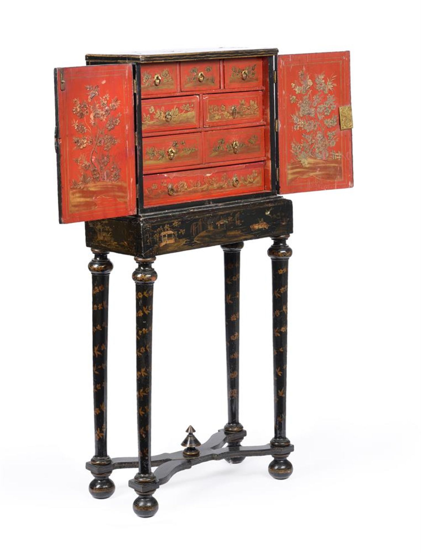 Y A BLACK LACQUER, GILT CHINOISERIE AND MOTHER OF PEARL INLAID CABINET ON STAND - Image 6 of 7