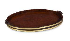 A GEORGE III MAHOGANY AND BRASS BOUND TRAY, IN THE MANNER OF GILLOWS