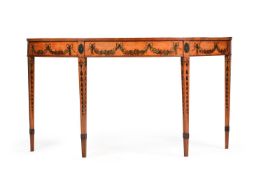 Y A GEORGE III SATINWOOD AND POLYCHROME PAINTED DEMI-LUNE CONSOLE TABLE, CIRCA 1790