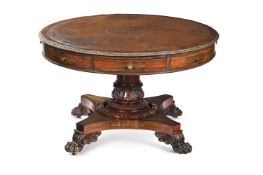 Y A GEORGE IV ROSEWOOD AND BRASS MARQUETRY DRUM LIBRARY TABLE, CIRCA 1825