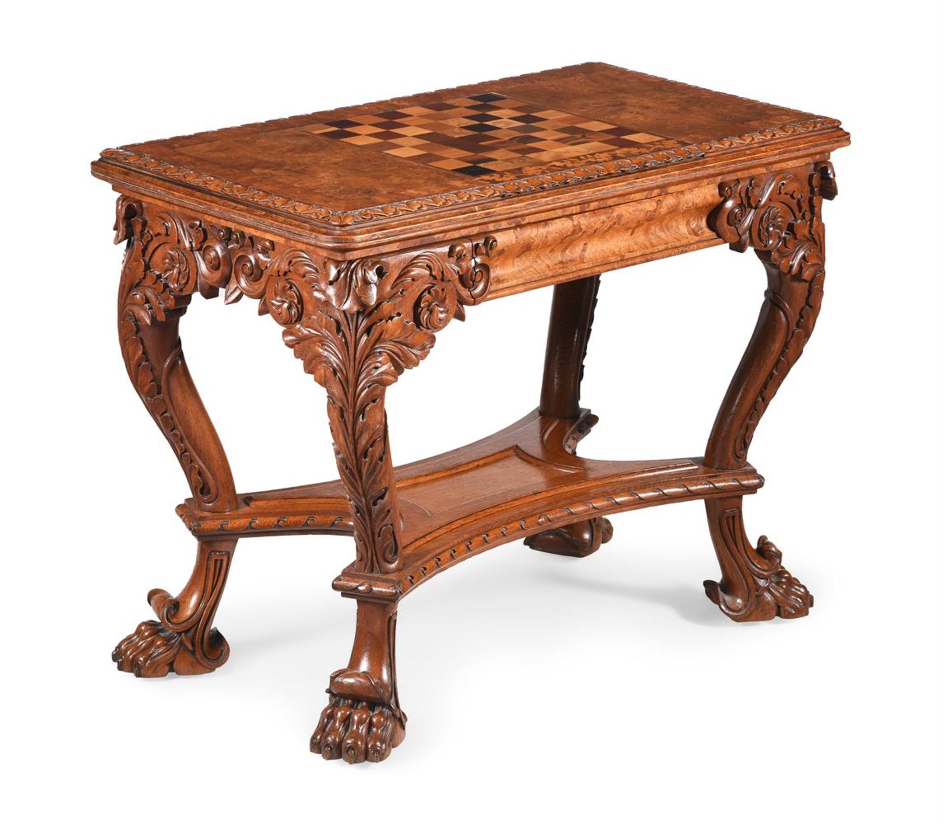 Y A GEORGE IV BURR OAK, ASH AND WALNUT CENTRE CARD TABLE, ATTRIBUTED TO GILLOWS, CIRCA 1830