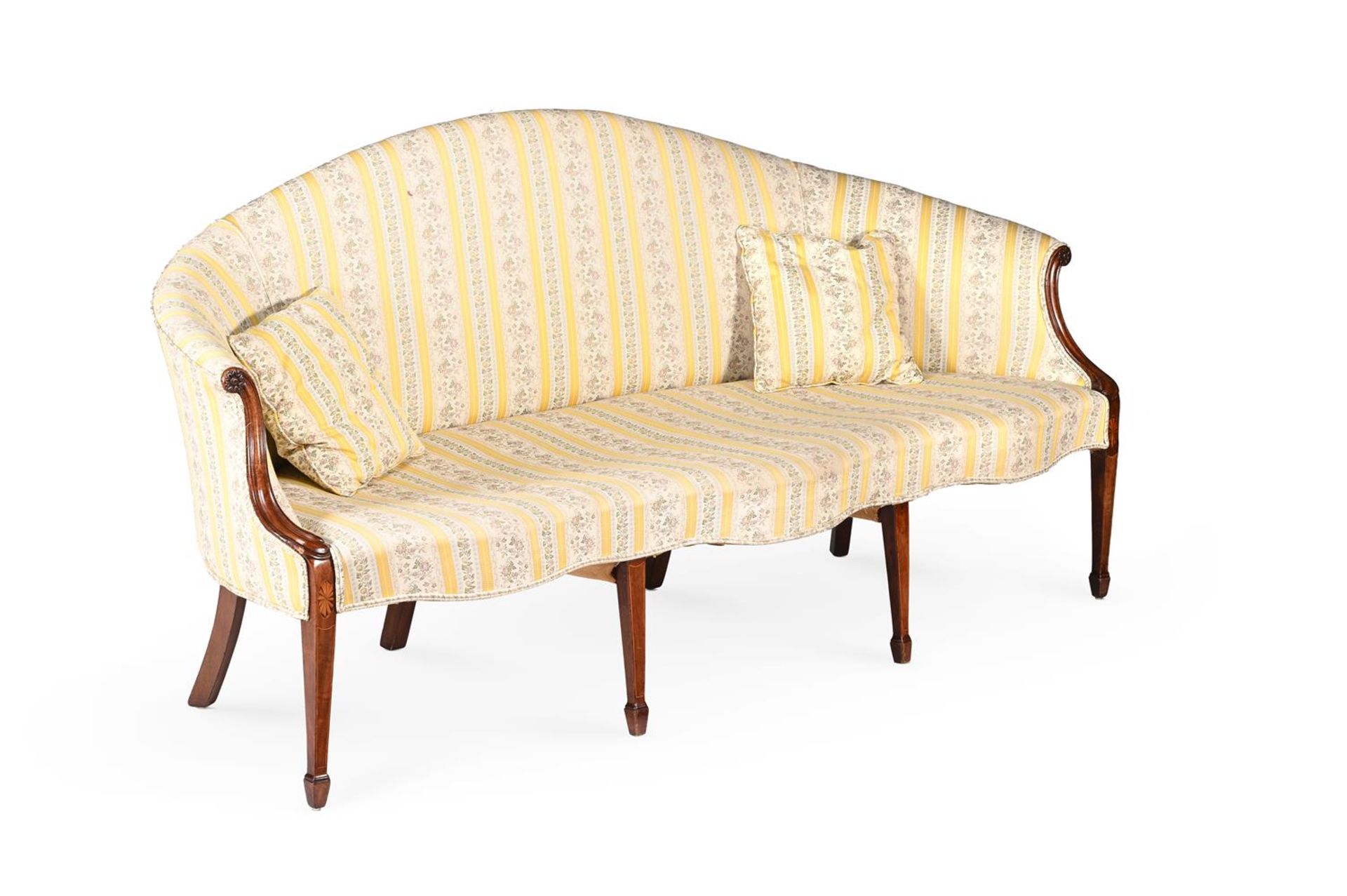 A GEORGE III MAHOGANY AND UPHOLSTERED SERPENTINE SHAPED SOFAIN THE MANNER OF GEORGE HEPPLEWHITE - Image 2 of 3