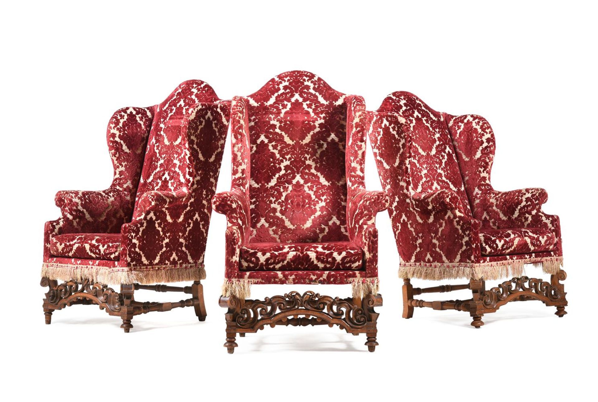 A SET OF THREE WALNUT WING ARMCHAIRS, IN WILLIAM & MARY STYLE,